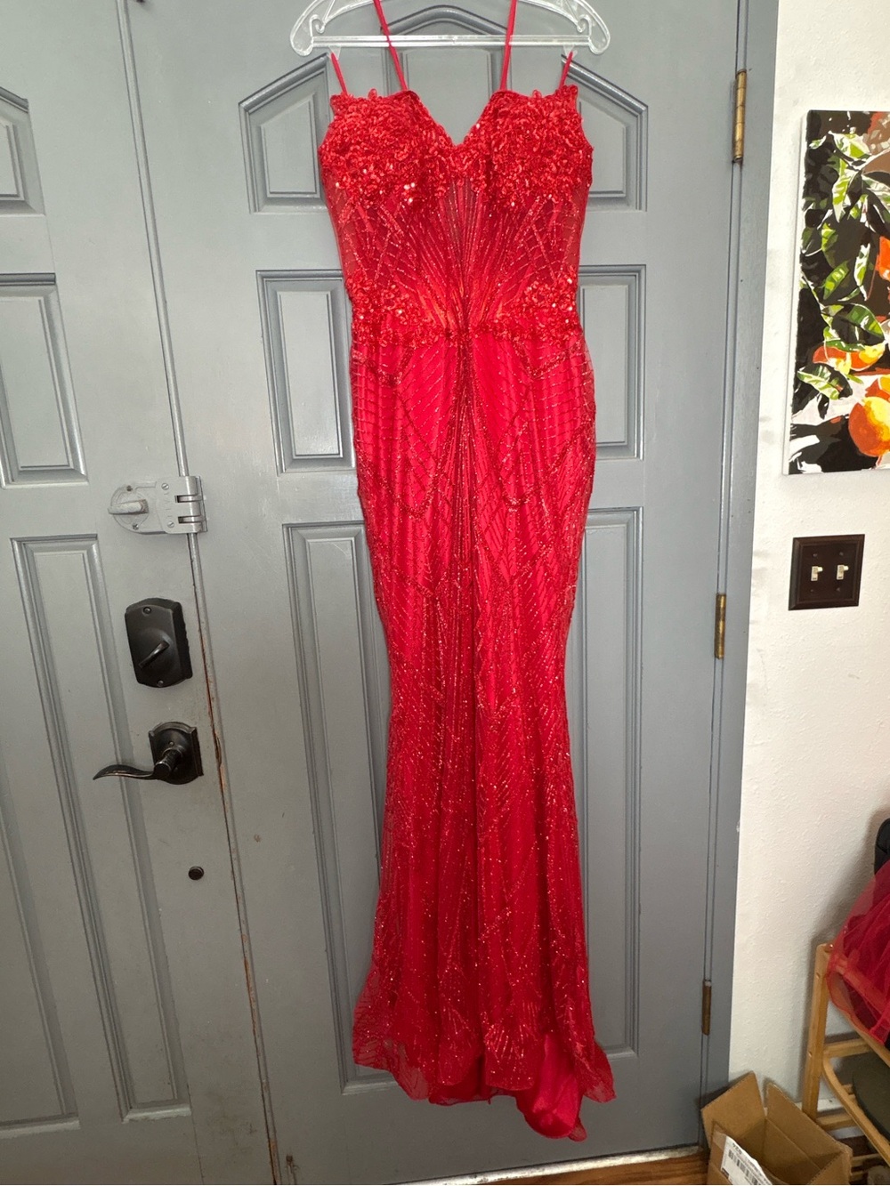 Red Strapless Beaded Evening Gown